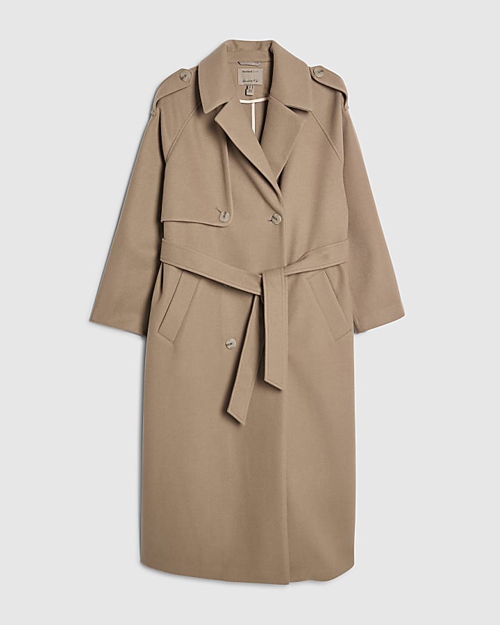 Brown Faux Wool Belted Trench Coat