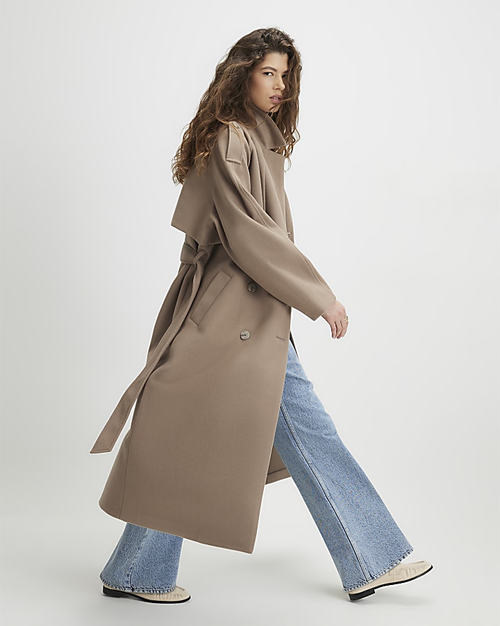 Brown Faux Wool Belted Trench Coat