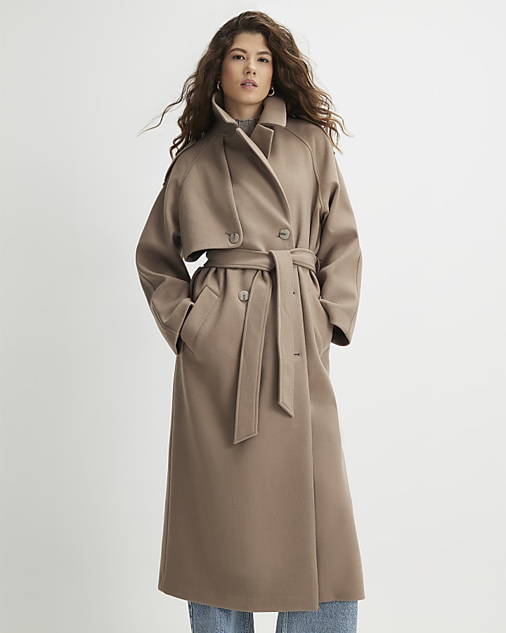 Brown Faux Wool Belted Trench Coat