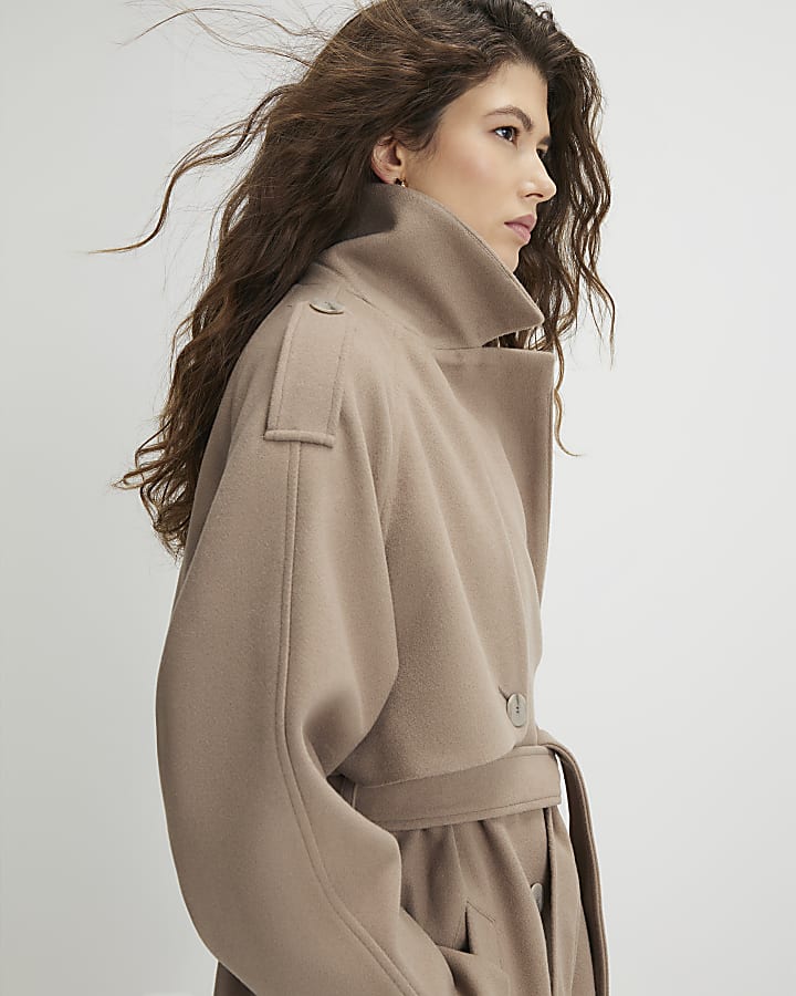 Brown Faux Wool Belted Trench Coat