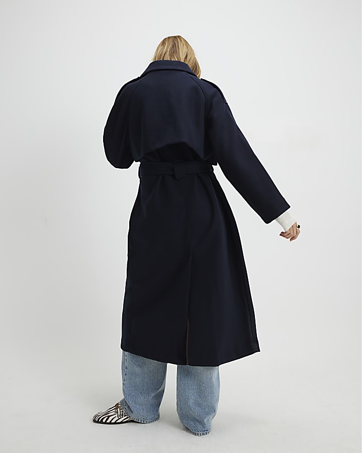 Navy Double Breasted Belted Trench Coat