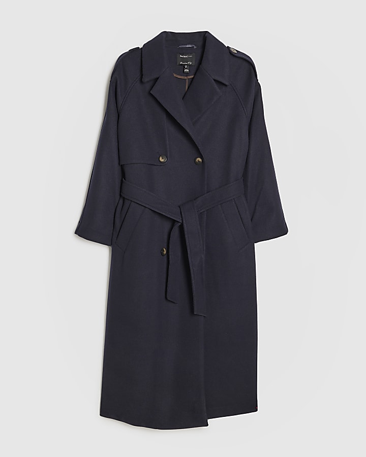 Navy Double Breasted Belted Trench Coat