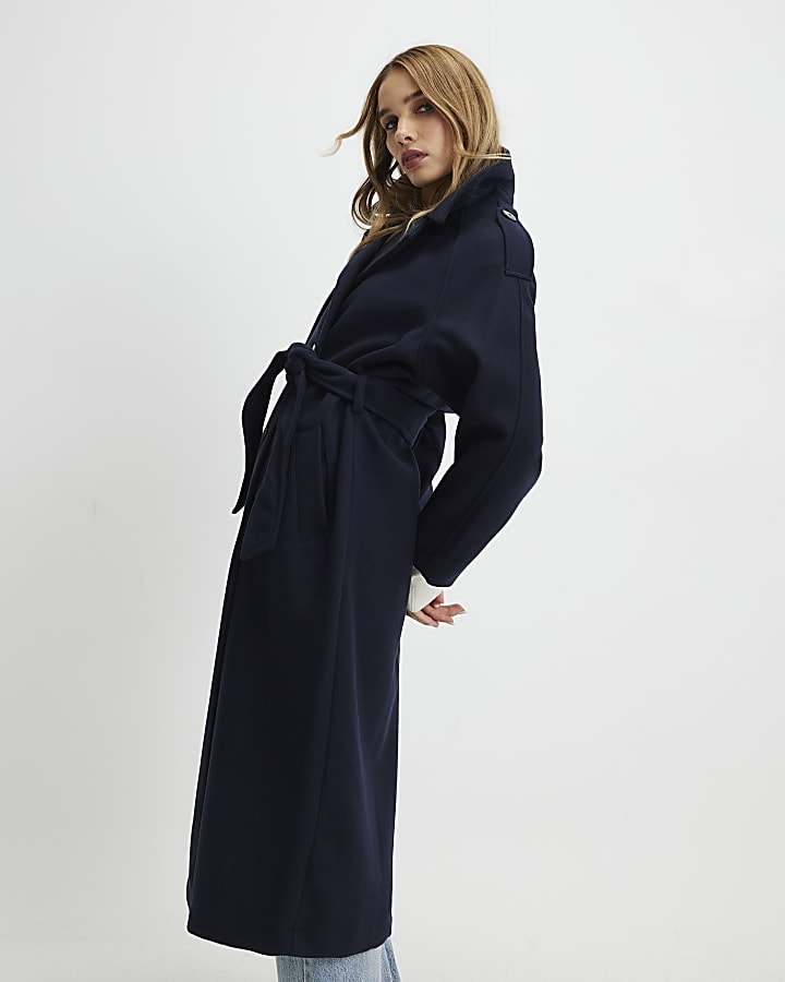 Navy Double Breasted Belted Trench Coat