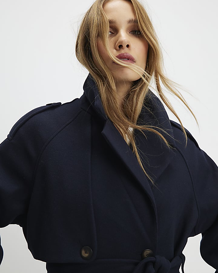 Navy Double Breasted Belted Trench Coat