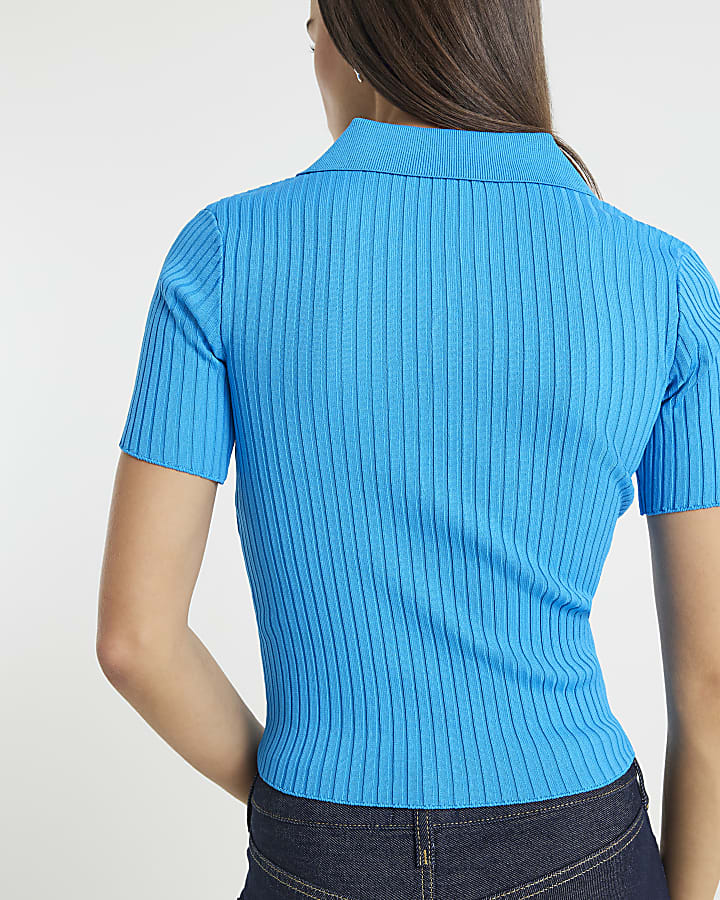 Blue Knit Ribbed Polo Top
