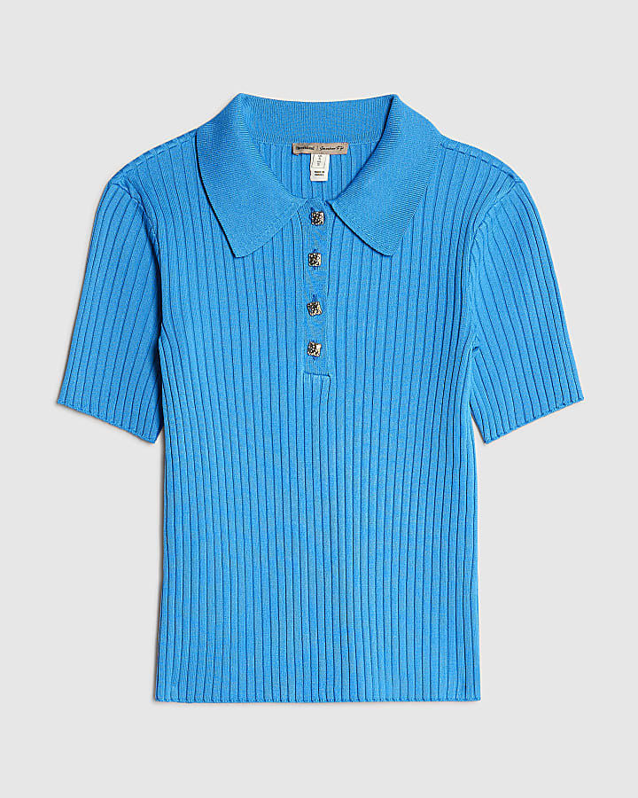 Blue Knit Ribbed Polo Top