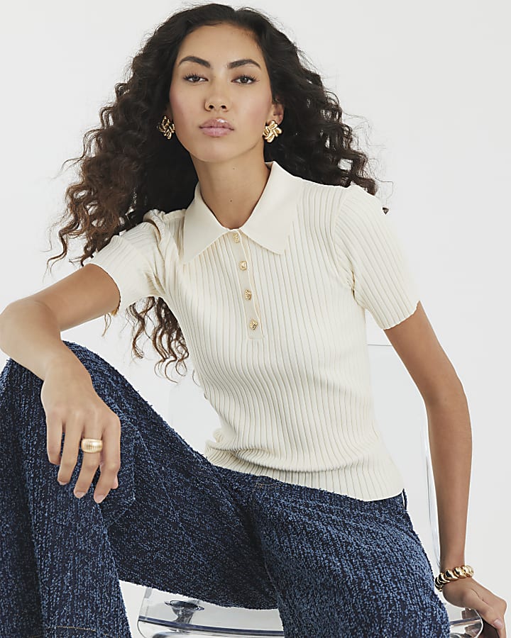 Cream Knit Ribbed Polo Top