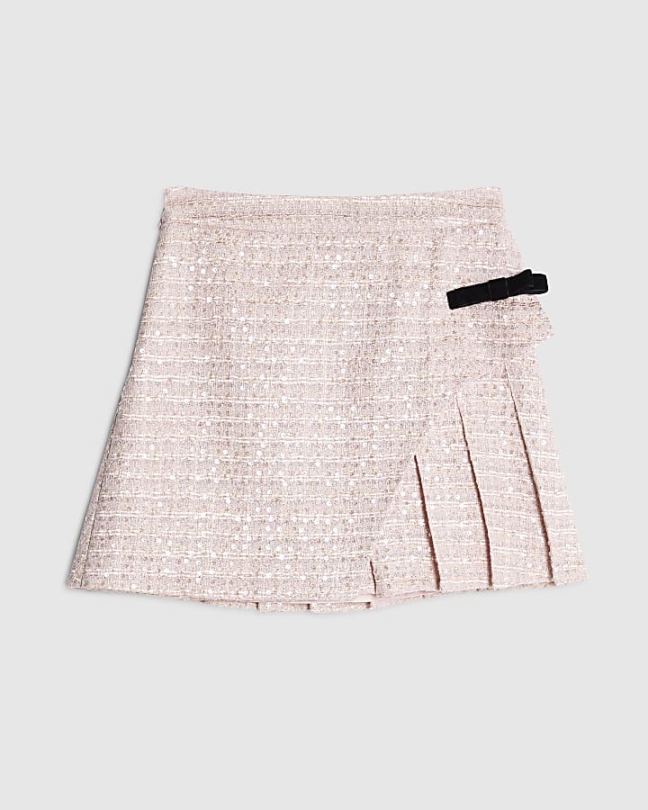 Pink Boucle Bow Pleated Mini Skirt