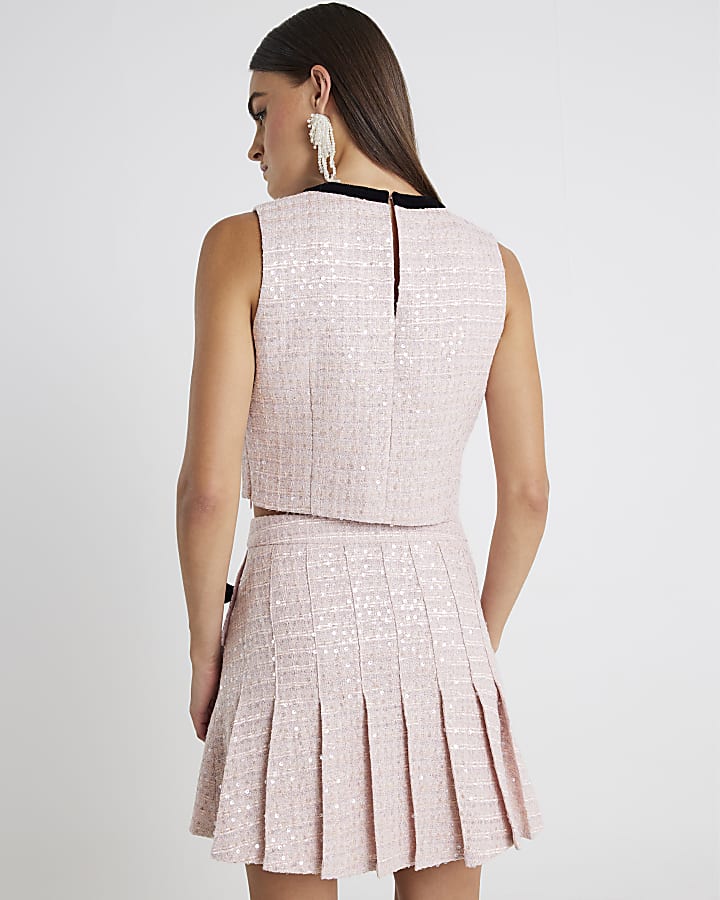 Pink Boucle Bow Pleated Mini Skirt