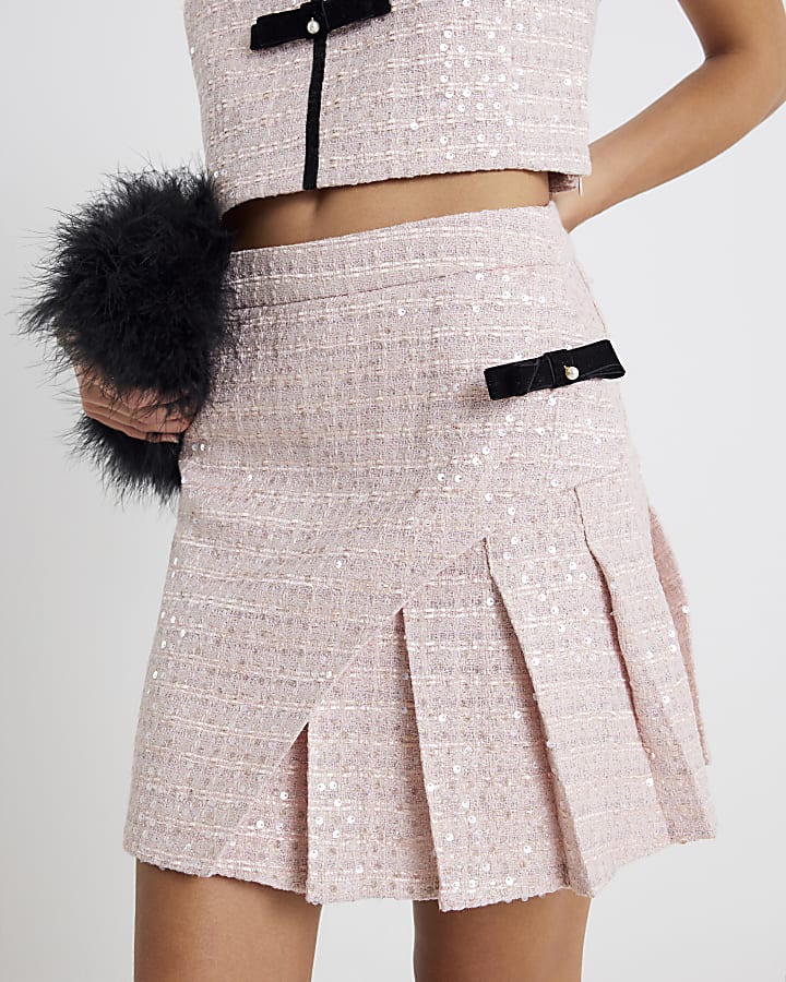 Pink Boucle Bow Pleated Mini Skirt