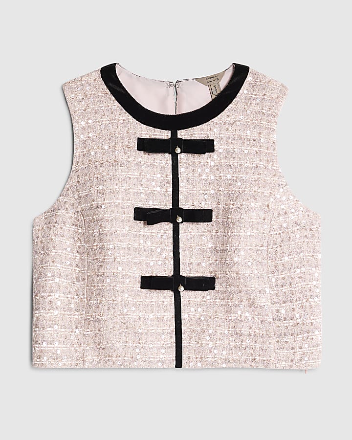 Pink Boucle Sleeveless Bow Front Top