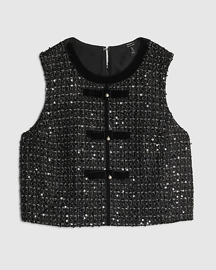 Black Boucle Sleeveless Bow Front Top
