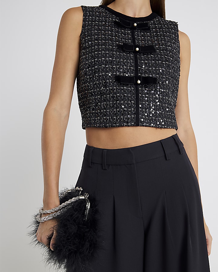 Black Boucle Sleeveless Bow Front Top