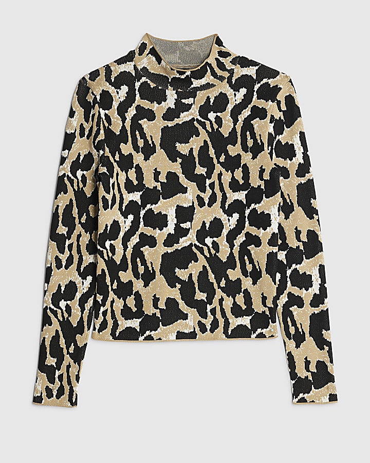 Brown Knit Leopard Print High Neck Top