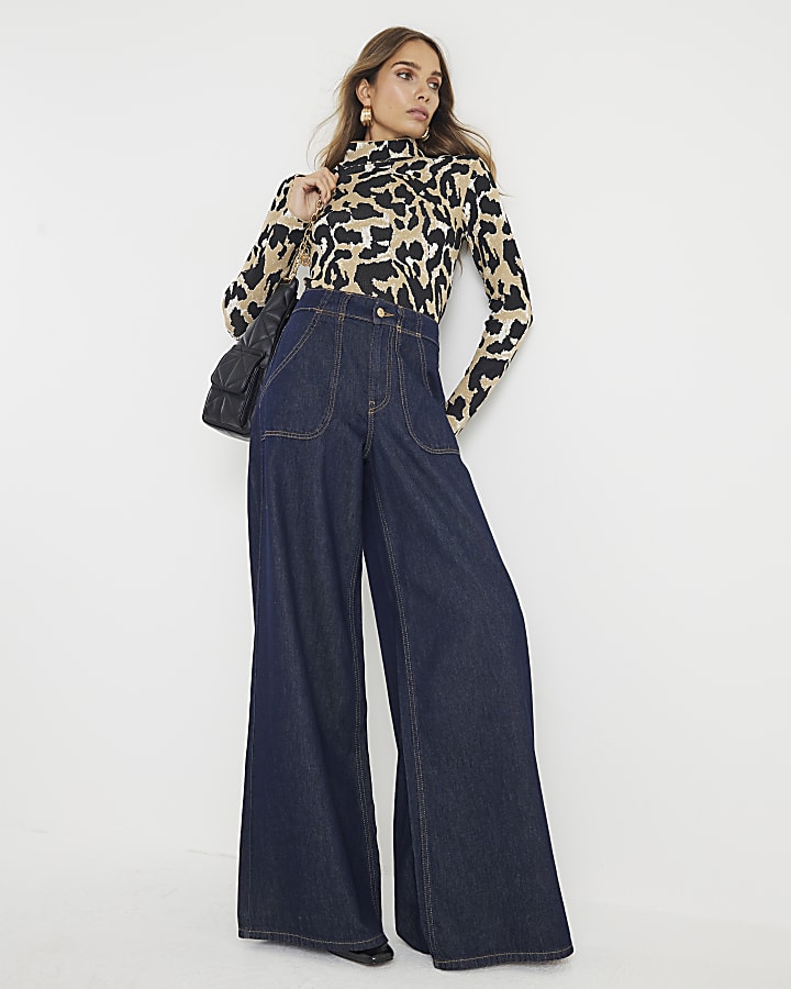 Brown Knit Leopard Print High Neck Top