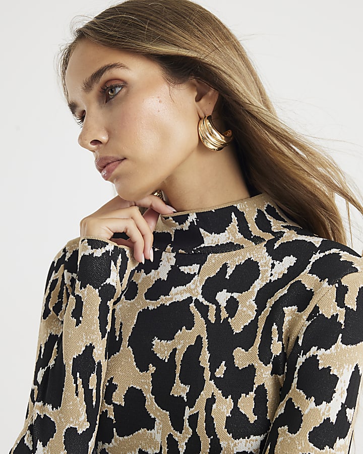 Brown Knit Leopard Print High Neck Top