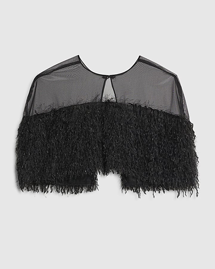 Black Faux Feather Trim Mesh Cape