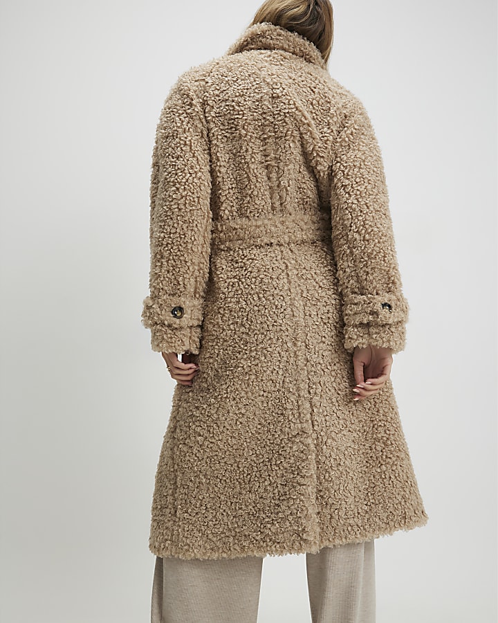 Beige Borg Longline Belted Coat