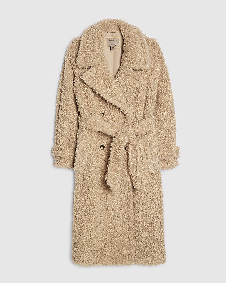 Beige Borg Longline Belted Coat