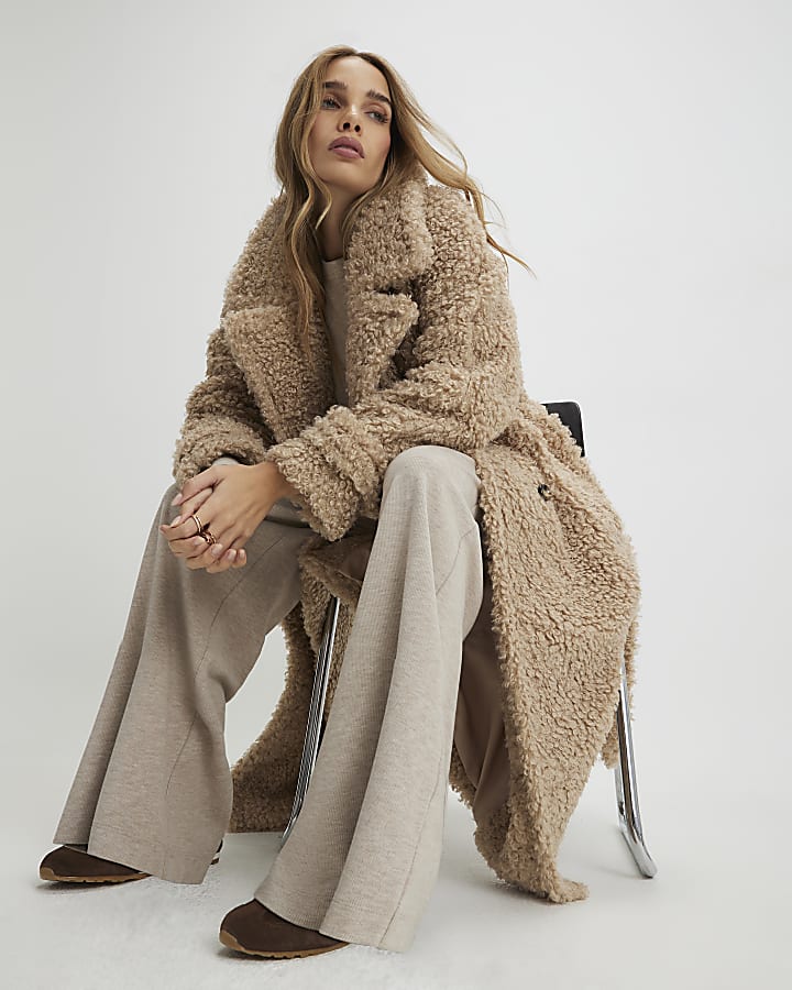 Beige Borg Longline Belted Coat