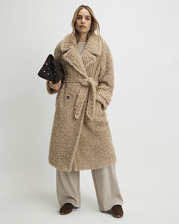 Beige Borg Longline Belted Coat