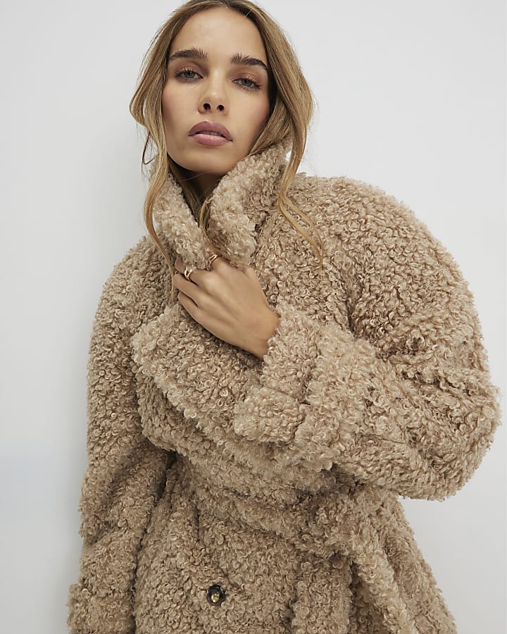 Beige Borg Longline Belted Coat