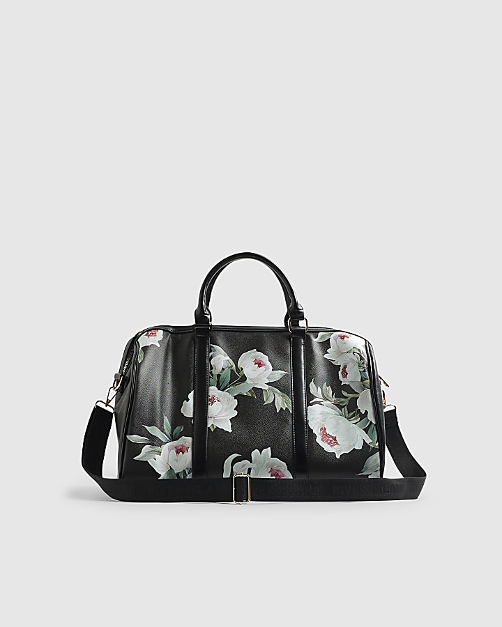 Black Floral Print Barrel Bundle Bag