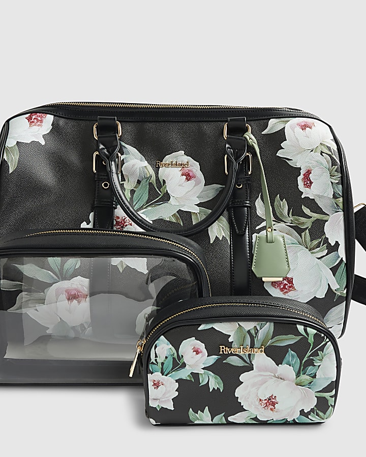 Black Floral Print Barrel Bundle Bag