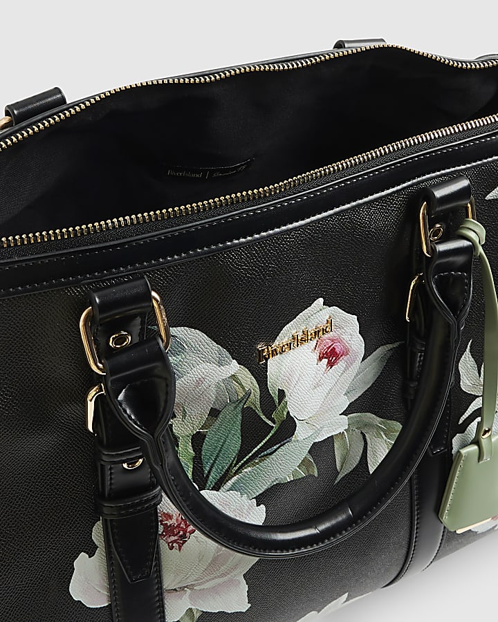 Black Floral Print Barrel Bundle Bag