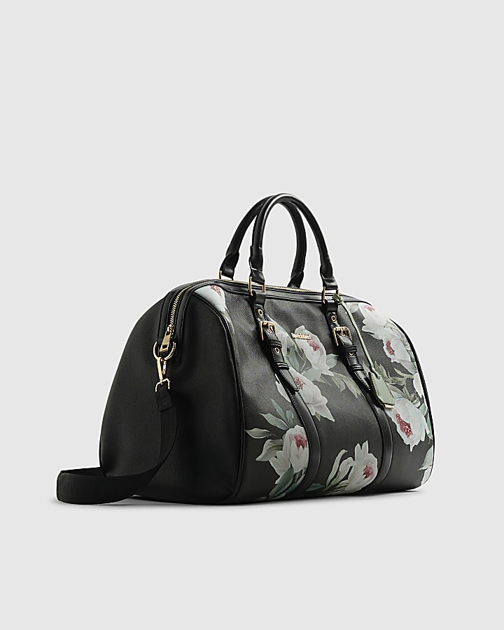 Black Floral Print Barrel Bundle Bag
