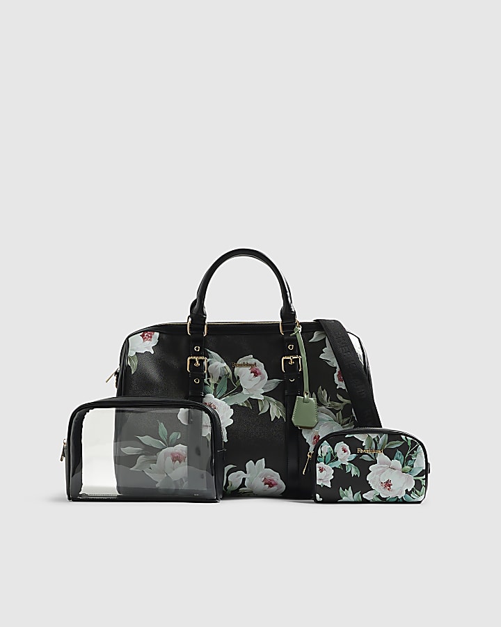 Black Floral Print Barrel Bundle Bag