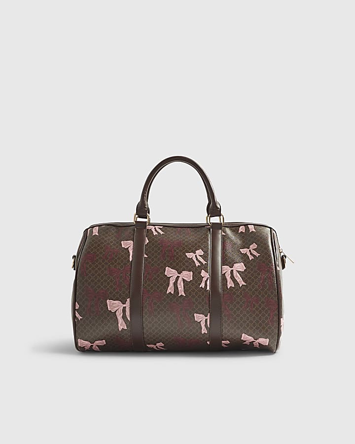 Brown Monogram Bow Print Barrel Bundle Bag