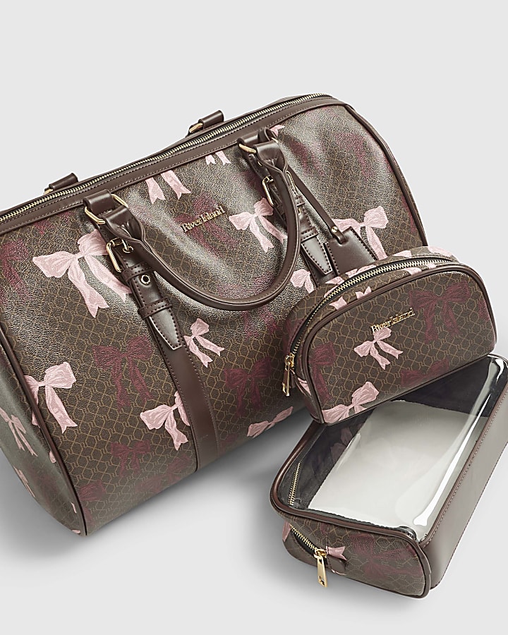 Brown Monogram Bow Print Barrel Bundle Bag