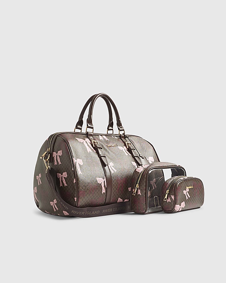 Brown Monogram Bow Print Barrel Bundle Bag