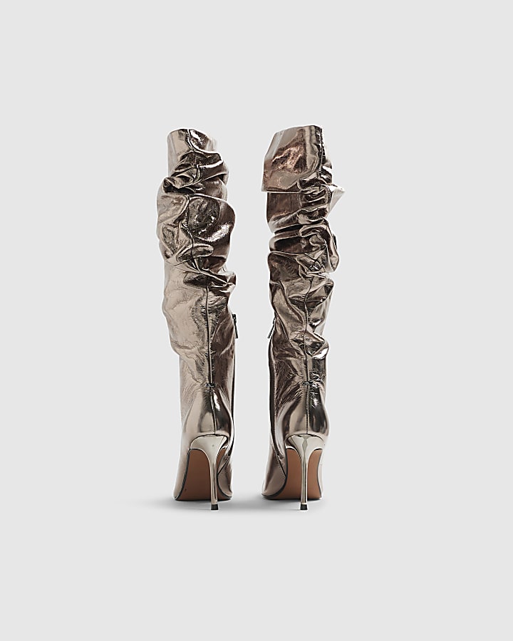 Grey Leather Metallic Slouchy High Leg Boots