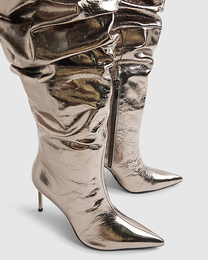Grey Leather Metallic Slouchy High Leg Boots