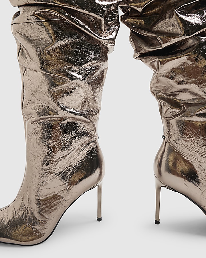 Grey Leather Metallic Slouchy High Leg Boots