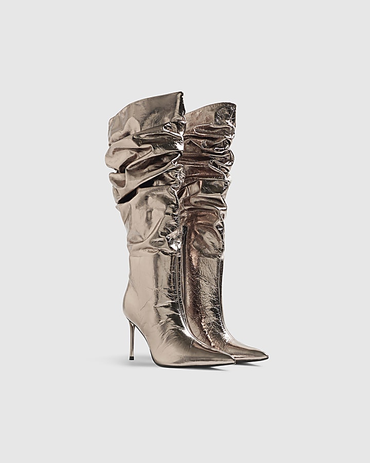 Grey Leather Metallic Slouchy High Leg Boots