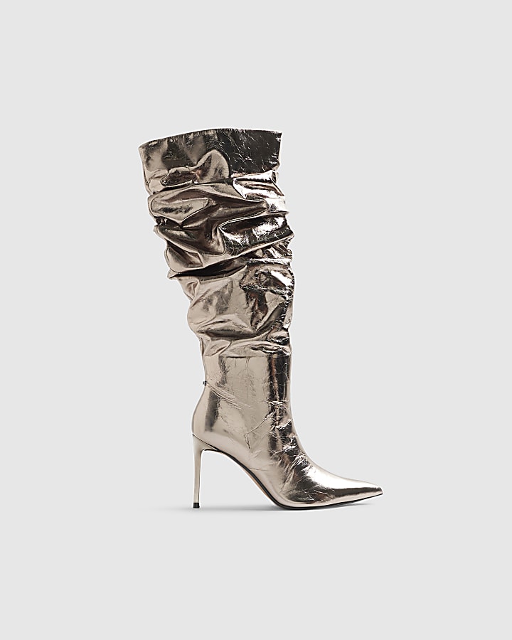Grey Leather Metallic Slouchy High Leg Boots