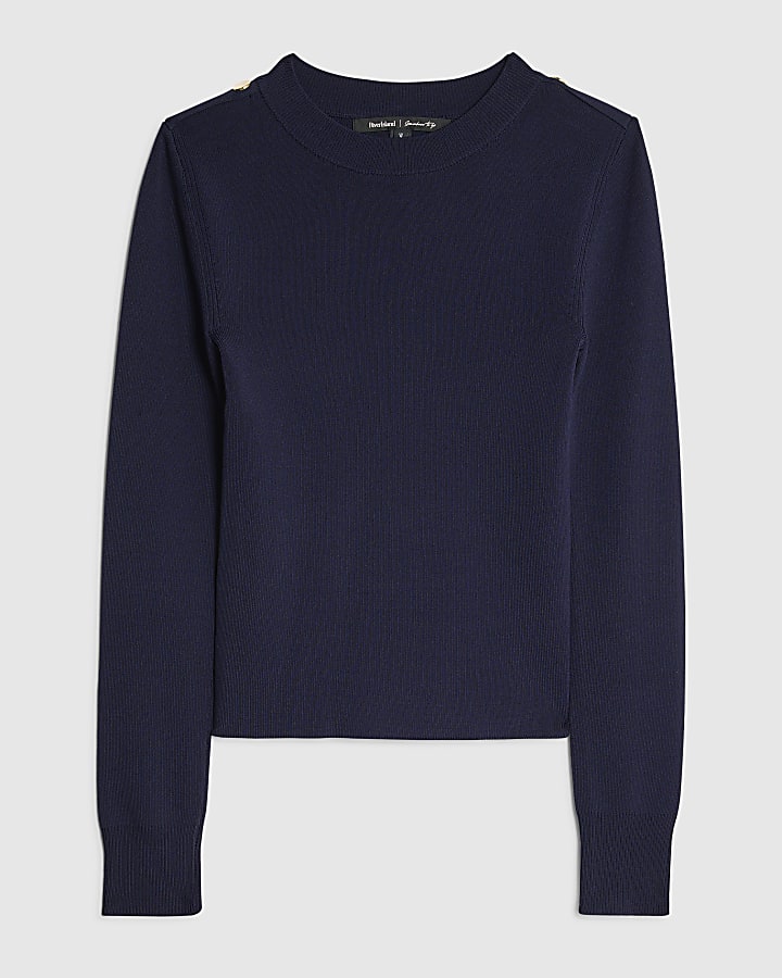 Navy Long Sleeve Lurex Bodyfit Knitted Top