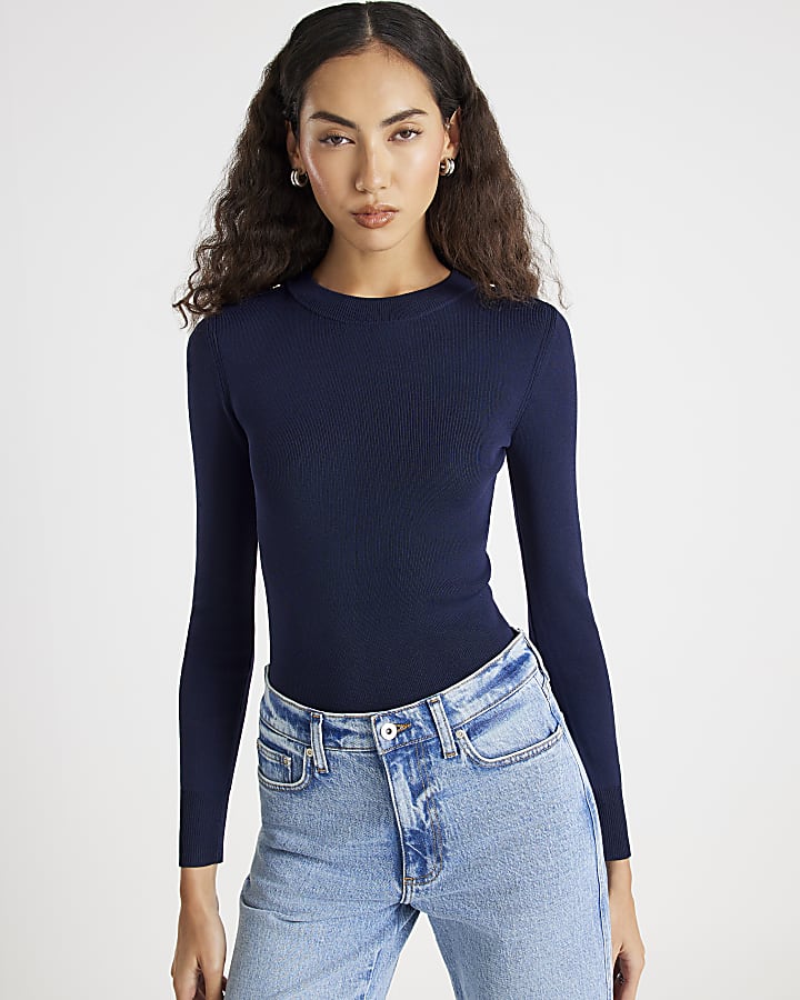 Navy Long Sleeve Lurex Bodyfit Knitted Top