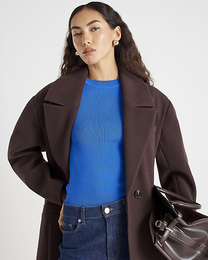 Blue Long Sleeve Lurex Bodyfit Knitted Top