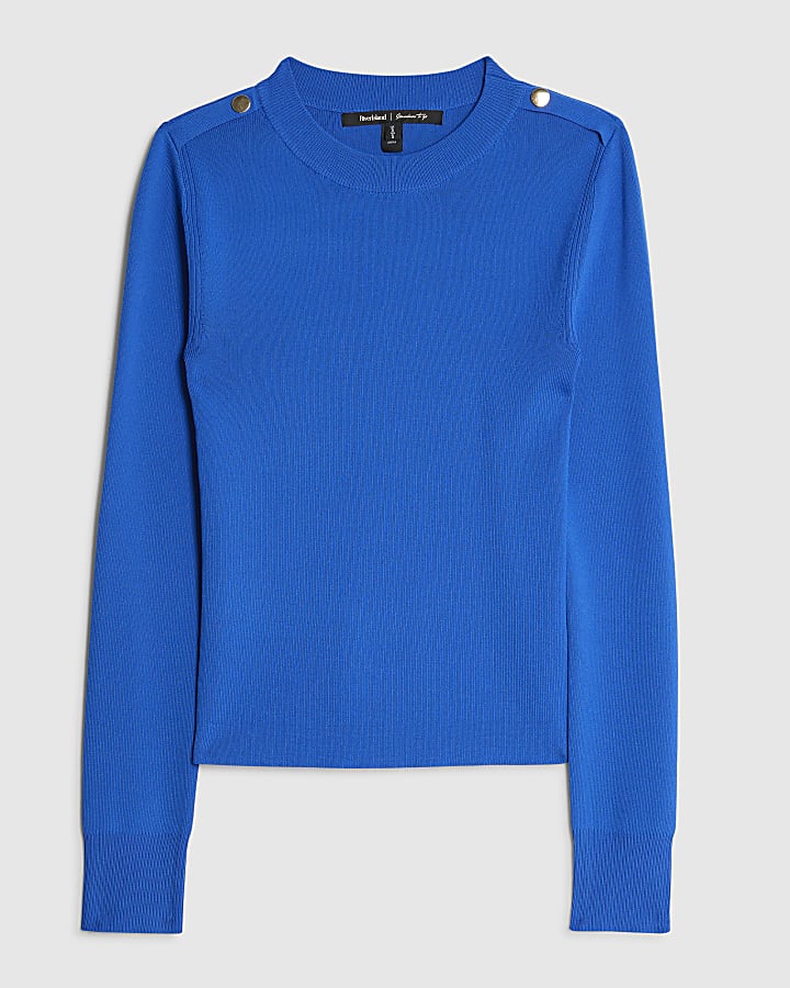 Blue Long Sleeve Lurex Bodyfit Knitted Top