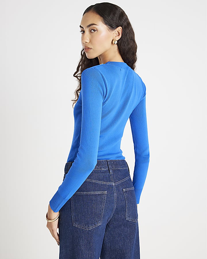 Blue Long Sleeve Lurex Bodyfit Knitted Top