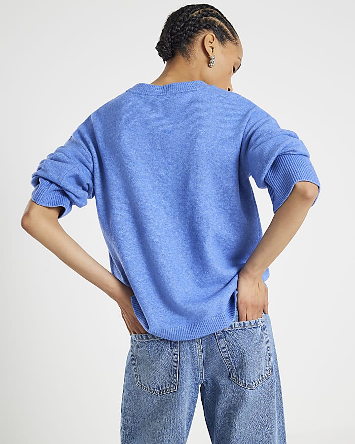 Blue Knitted Crew Neck Jumper