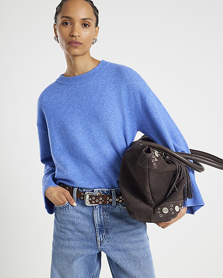 Blue Knitted Crew Neck Jumper