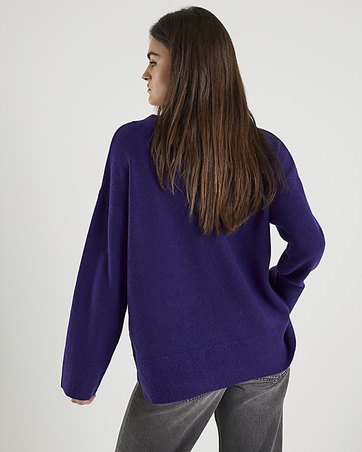 Purple Knitted V-Neck Jumper