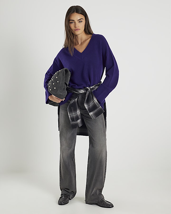 Purple Knitted V-Neck Jumper