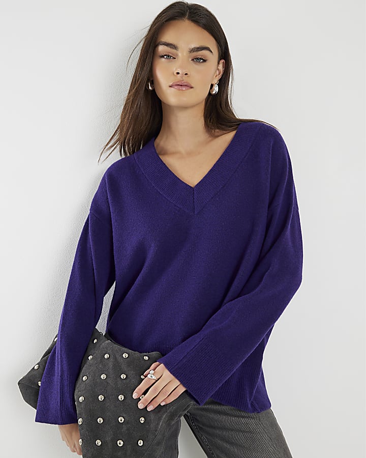 Purple Knitted V-Neck Jumper