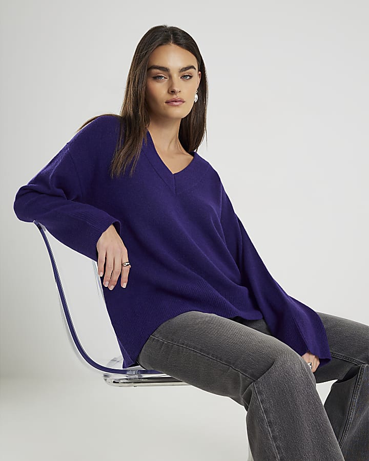 Purple Knitted V-Neck Jumper